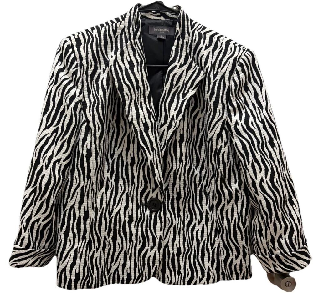 Liz Claiborne Zebra Print Blazer Black White Animal Print Women’s Size 16